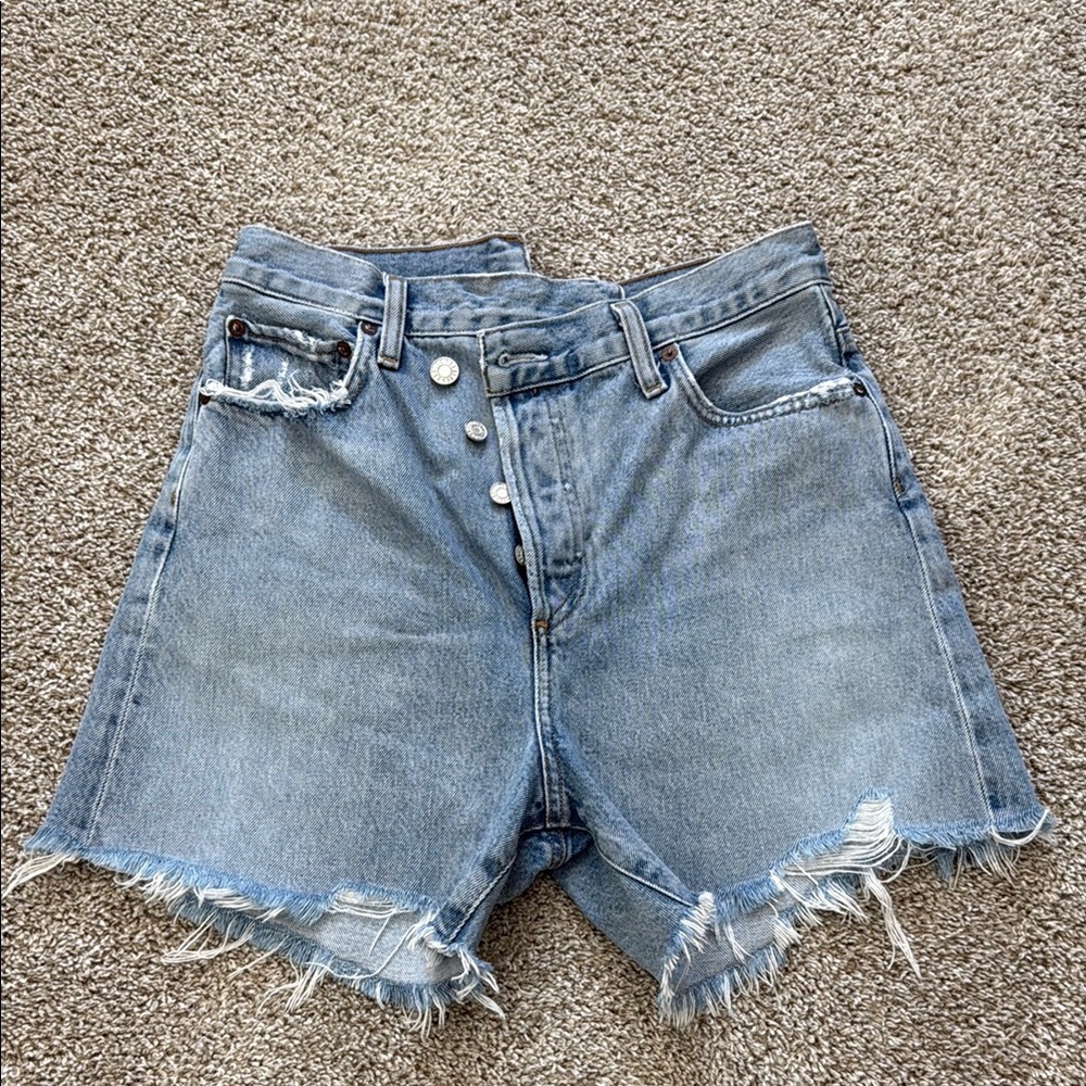 Agolde Light Blue Frayed Jean Shorts